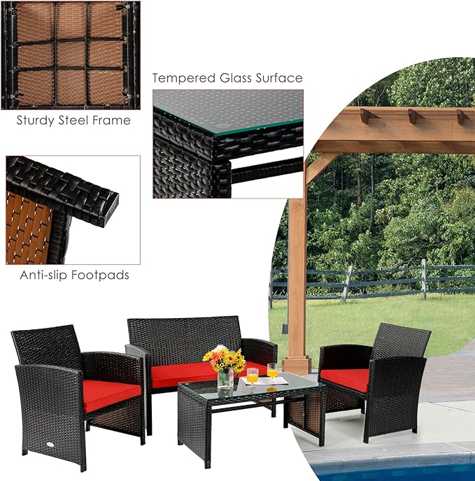 Tangkula 6 Pieces Patio Furniture Set, Outdoor Sectional Conversation PE Rattan Sofa Set with 1 Loveseat, 1 Coffee Table, 2 Armchairs and 2 Ottomans for Garden, Deck, Backyard and Poolside (Red)