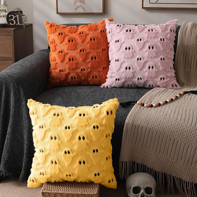 DFXSZ Halloween Pillow Covers 18x18 inch Set of 2 Yellow Ghost Throw Pillow Cases Soft Plush Faux Fur Wool Couch Cushion Case for Chair Sofa Bedroom Living Room Home Decor PTK03H18