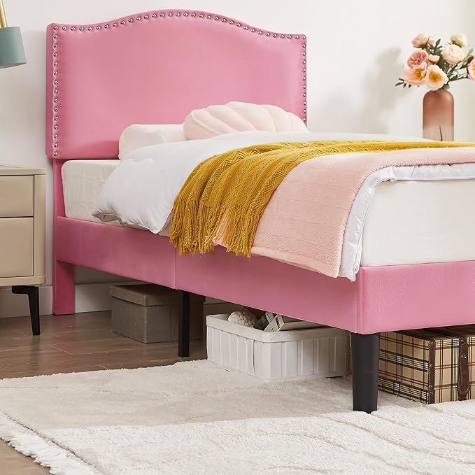 VECELO Twin Bed Frame, Platform Bed Frame with Adjustable Height Upholstered Headboard, Heavy-Duty Frame and Strong Wooden Slats Support, Non-Slip and Noise-Free, Easy Assembly, Pink