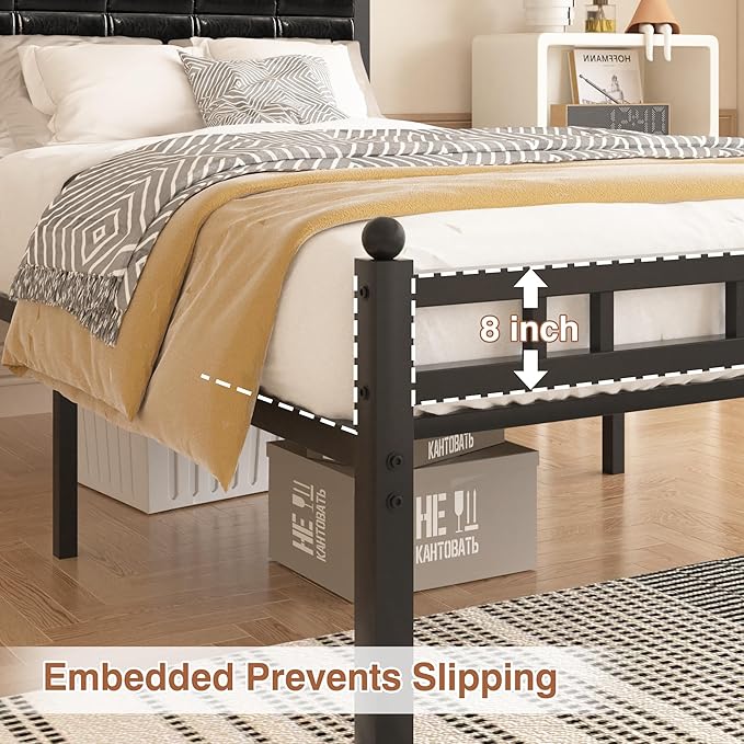 VECELO Twin Metal Bed Frame, Faux PU Leather Platform Beds with Upholstered Headboard and Footboard, Strong Slats Support, 12" Underbed Storage, Noise-Free, No Boxing Spring Needed, PU Black