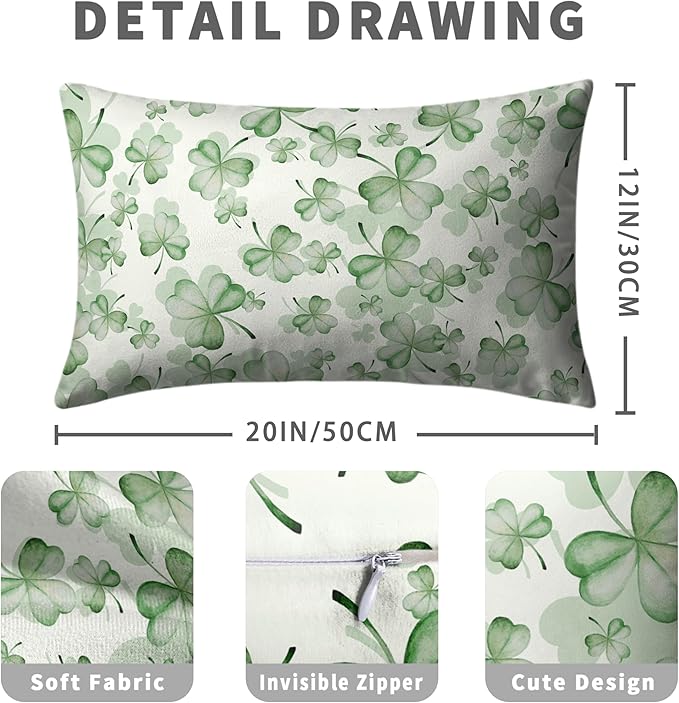 Spring Summer Green Flower Clover Lumbar Pillow Cases St Patricks Pillow Covers 12x20 Set of 2 Lucky Charm Throw Pillow Covers St Patricks Home Decor for Couch Bed Sofa