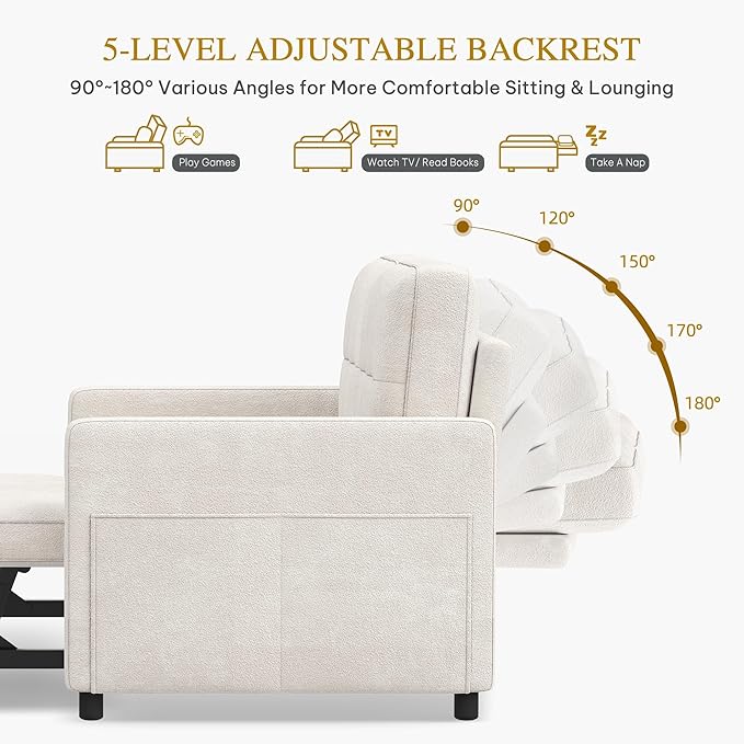YITAHOME 55" Convertible Sofa Bed, 3-in-1 Sleeper Sofa with Pull-Out Bed, Cat-Scratch-Proof Futon Couch with 5-Levels Reclining Backrest, USB and Side Pocket, Modern Loveseat for Living Room, Beige