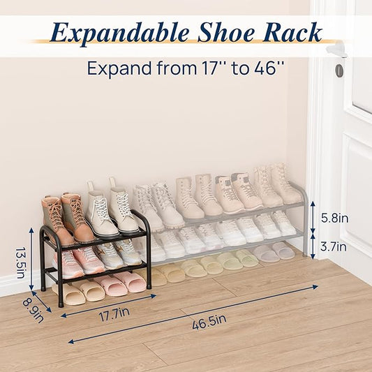 ENJOYBASICS Expandable Shoe Rack, 46.5'' Wide - 12 Pairs Adjustable Shoe Organizer Shelf for Closet, 2-Tier Black Metal Free Standing Shoe Rack Storage for Small Space, Entryway