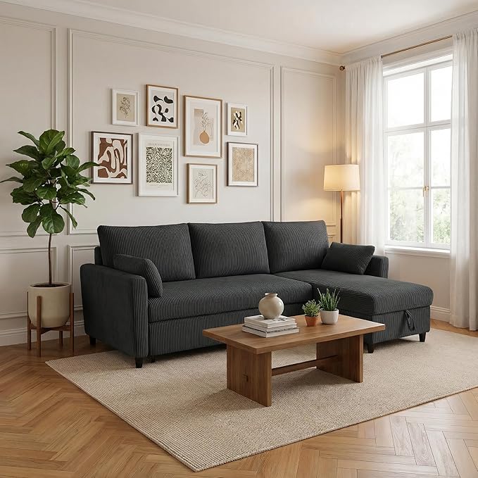 Sectional Sleeper Sofa with Pull Out Bed, L Shape Convertible Sofa Bed Couch with Storage Chaise, 3 in 1 Pull Out Sofa Bed with 3 Seats for Living Room,Apartment, Black, 85Inch