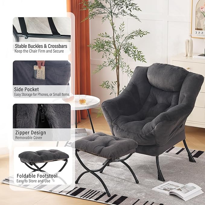 Lazy Chair with Ottoman, Modern Chair with Folding Footrest, Plush Navy Accent Chair, Comfortable Reading Chair, Oversized Armchairs for Bedroom, Study, Living Room, Courtyard