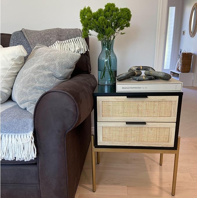 Andrew End, Bedside or Side Table in Matte Black Finish with Two Natural Rattan Drawers Doors for Storage and Brass Gold Accents for Living Room or Bedroom, Black/Cane/Gold, Set of 2