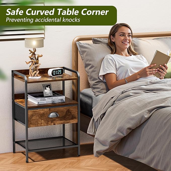 Night Stand with 1 Fabric Drawer and Sturdy Metal Frame, Modern Side Table Lightweight & Durable -55LB Load Capacity, Wear-Resistant & Easy-Clean Surface, Rustic Brown