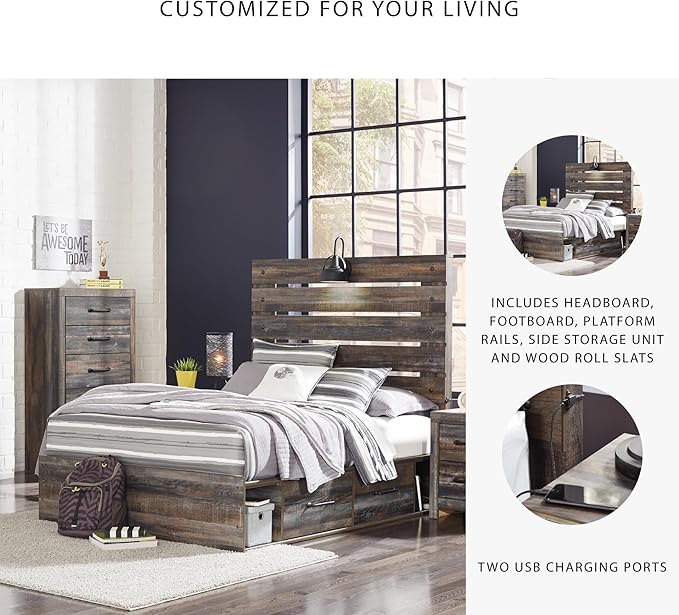 Signature Design by Ashley Drystan Rustic Full Panel Platform Bed with 4 Storage Drawers, Open Cubbies, Sconce LED Light and USB Ports, Foundation or Box Spring Not Needed, Dark Brown & Gray