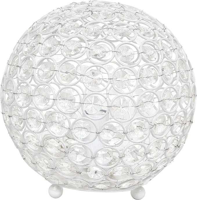 Elegant Designs LT1026-WHT 8" Elipse Crystal Collection Metal Crystal Ball Sequin Table Desk Lamp for Accent Lighting, Décor, Living Room, White