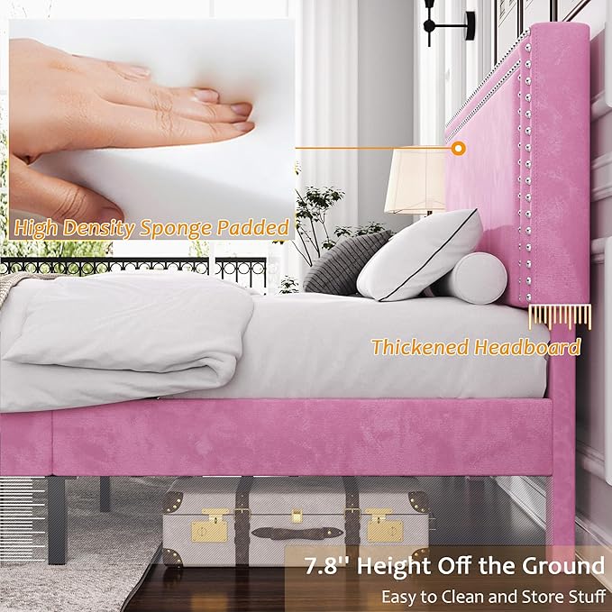 VECELO Queen Size Bed Frame with Adjustable Upholstered Headboard, Wooden Slats Platform, Noise-Free Design, Easy Assembly