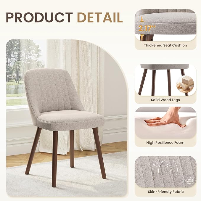 Upholstered Dining Chairs Set of 2, Modern Fabric Kitchen Chairs with Back, Wood Legs for Kitchen Dining Room Restaurant, Camel