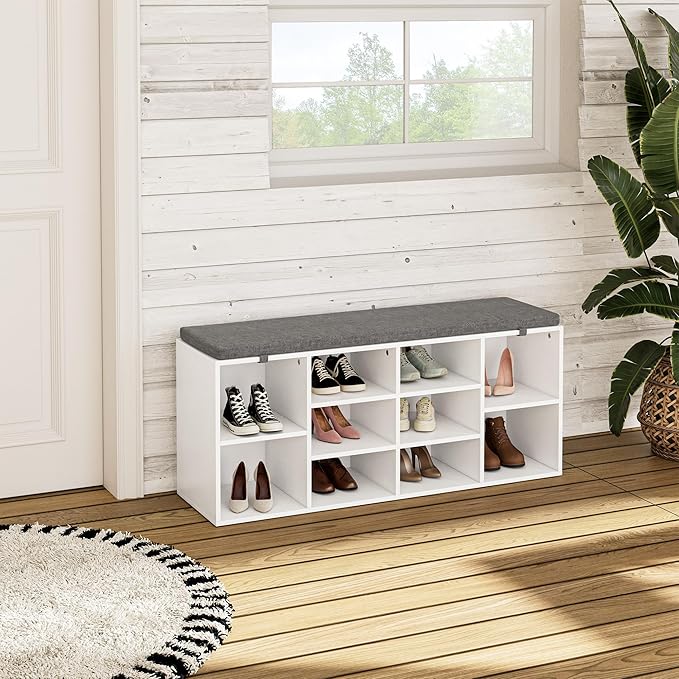Shoe Bench, Storage Bench with Padded Seat, 10 Cubbies Storage Entryway Bench, for Living Room, Bedroom, Hallway,White