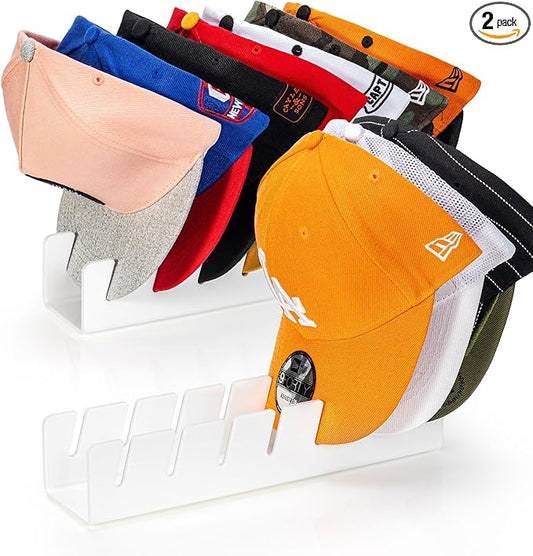 HAYVAN Hat Organizer for Baseball Caps 2024 New 2 PCS, No Install Acrylic Hat Holder for 14 Baseball Caps for Bedroom, Closet, Dresser (White)