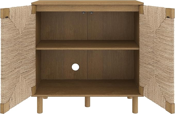 Nathan James Beacon Bohemian TV Stand, TV Wall Unit with Shelves and Accent Storage Cabinet with Solid Wood Legs and Seagrass Door Fronts, Light Brown
