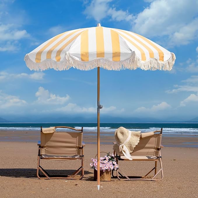 6.5ft Boho Beach Umbrella with Fringe, UPF 50+ Tassel Umbrellas with Carry Bag, Premium Wood Pole Foldable Patio Umbrella for Outdoor Holiday Garden Lawn Pool Yard Table