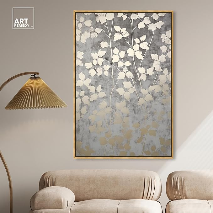 Art Remedy Silvery Gray Garden Canvas Elegant Floral Wall Art, Gold Frame, 36" x 54"