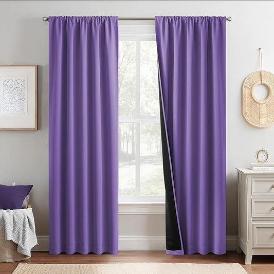 NICETOWN 100% Blackout Curtains for Nursery, Lilac Purple W52 x L84 Set of 2 Light Blocking & Soundproof Drapes,Rod Pocket Black Lined Window Treatment Panels