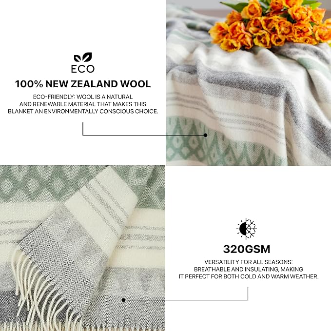 New Zealand Virgin Wool Throw Blanket, Indoor & Outdoor Blankets and Throws, Soft Blanket with Fringes, 55 x 79 in (140 x 200 cm), Green Gray Beige