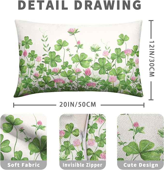 Green Shamrock St Patricks Day Lumbar Pillow Covers 12x20 Set of 2 Watercolor Lucky Clovers Floral Pillow Cover Spring St. Patrick's Day Outdoor Decorative Pillow Case for Home Couch Sofa