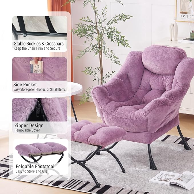 Lazy Chair with Ottoman, Modern Chair with Folding Footrest, Plush Purple Accent Chair, Comfortable Reading Chair, Oversized Armchairs for Bedroom, Study, Living Room, Courtyard