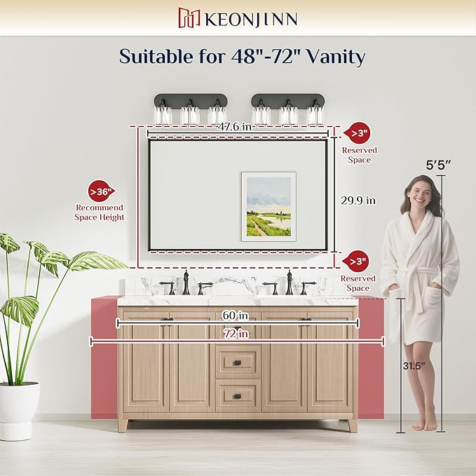 Keonjinn 48 x 30 Inch Black Bathroom Mirrors for Over Sink, Beveled Rectangle Framed Mirrors for Wall, Black Bathroom Vanity Mirror, Tempered Glass, Square Corner, Farmhouse Style