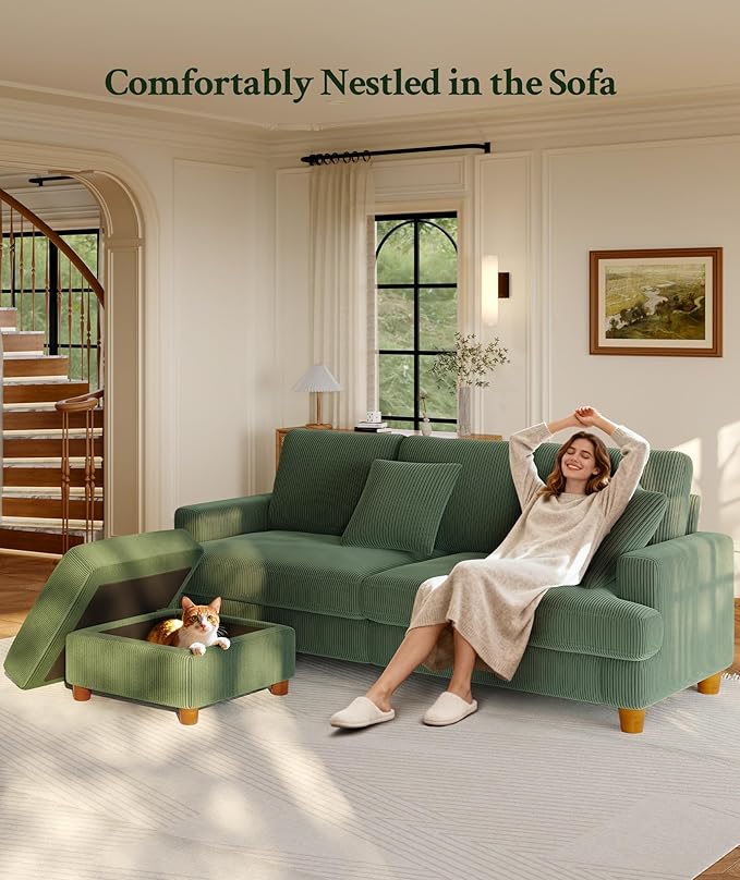Welzona 87.2" Couches for Living Room, Comfy L Shaped Couch Green 7.5" Thicker Cushion, Sofas for Living Room Tool-Free Setup, Loveseat with Ottoman 848lbs Support, Corduroy Couch for Bedroom, Office