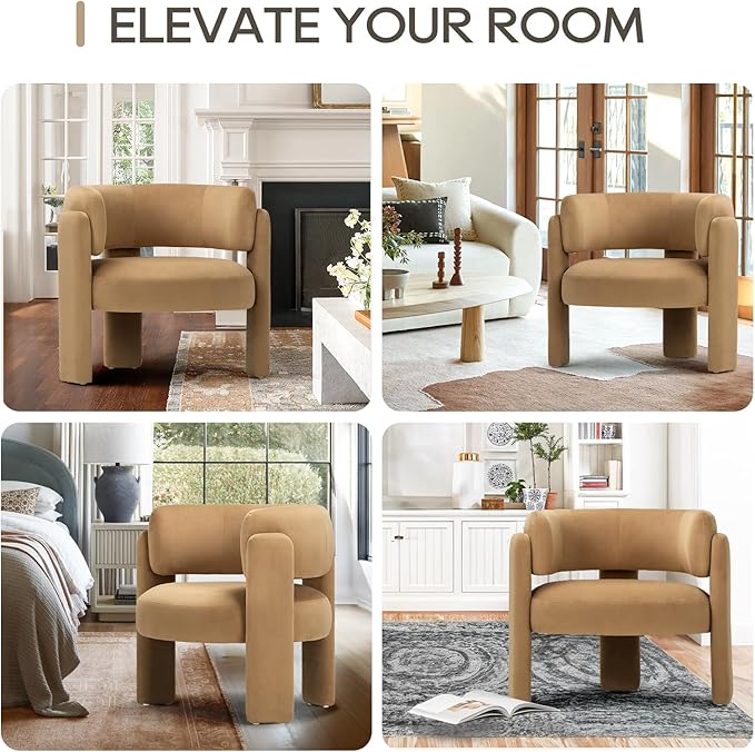 COLAMY Modern Accent Chair Set of 2, Velvet Accent Chairs, Upholstered Barrel Chairs with Solid Wood Legs, Comfy Side Chair for Living Room, Bedroom, Reading, Cozy Reading Chair,Khaki