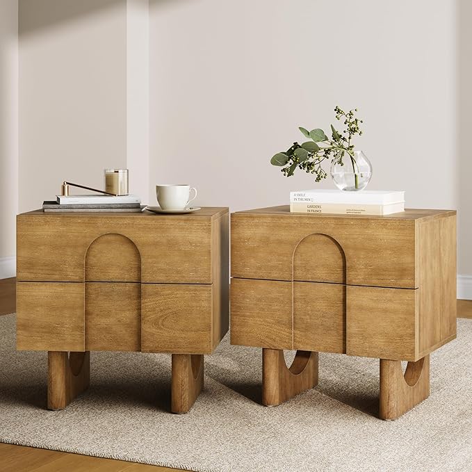 Nathan James Jett Mid Century Modern Nightstand or Bedside Table Set of 2, Wooden Bedside Table with Drawers and Arched Door Cutout, Light Brown