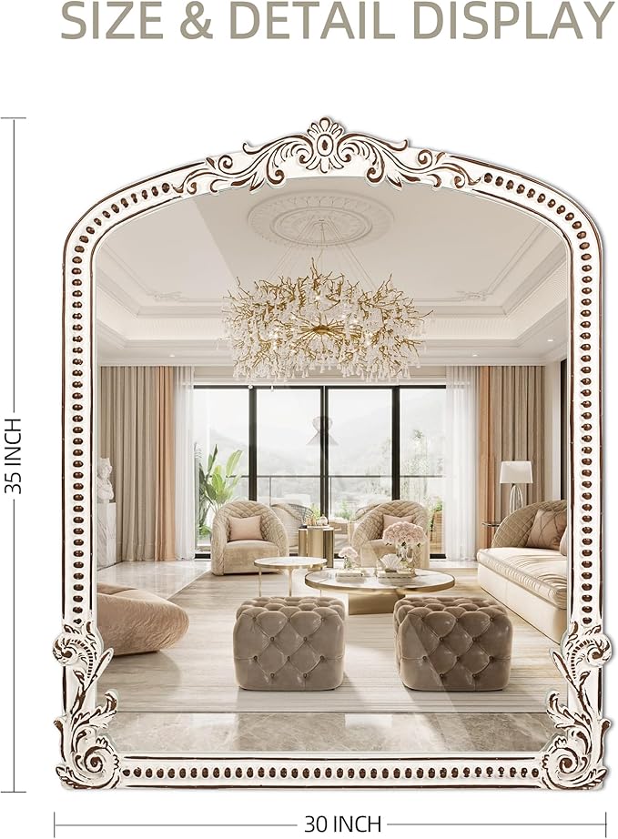 Baroque Arched Wall Mirror: 30x35 Inch Rustic Farmhouse Mirror - Ornate Decorative Mirrors for Fireplace, Living Room, Bedroom, Entryway, Bathroom