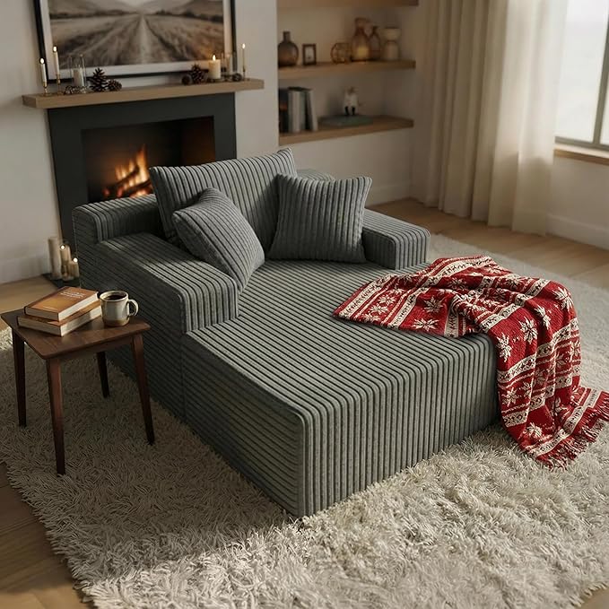 Sytopia Chaise Lounge with Armrests, Oversized Sofa Bed with 3 Pillows, Cozy Couch, Sleeper Reading Chair for Living Room Bedroom, Floor Sofa Corduroy, Furniture Sala, Urban Grey