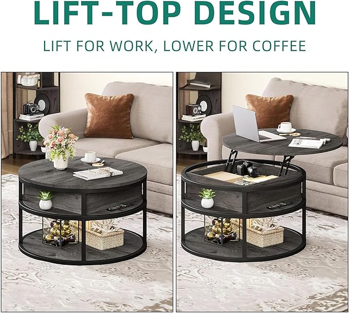 YITAHOME Round Lift Top Coffee Tables for Living Room, Farmhouse Coffee Table with Storage and Hidden Compartment, 2 Tier Modern Large Coffee Table Round Dining Table, Dark Grey