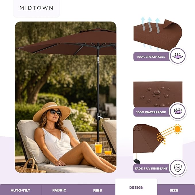 Midtown Umbrellas - The Lean 10 Ft Patio Umbrella with Fade-Resistant Sunbrella Fabric, Auto-Tilt Aluminum Frame and 8 Reinforced Ribs for Deck, Pool & Garden - Bay Brown Canopy, Black Pole