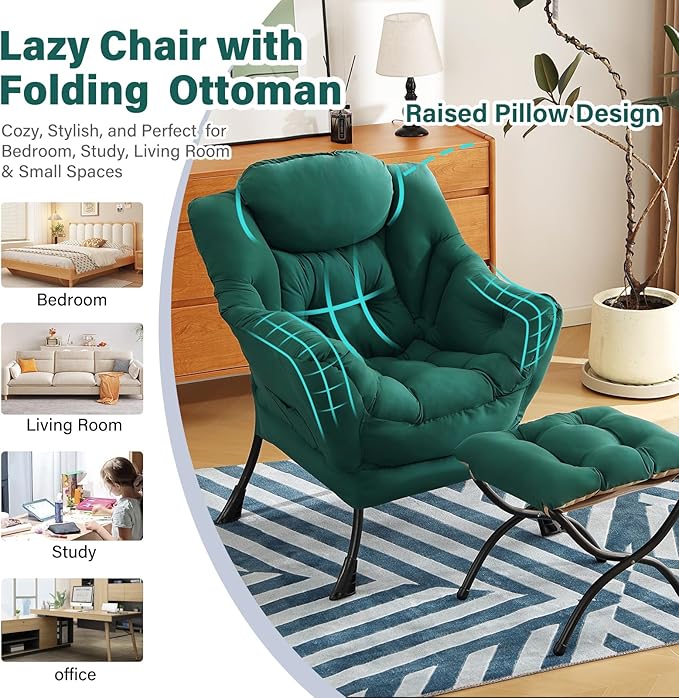 Lazy Chair with Ottoman, Modern Chair with Folding Footrest, Dark Green Accent Chair, Comfortable Reading Chair, Oversized Armchairs for Bedroom, Study, Living Room, Courtyard