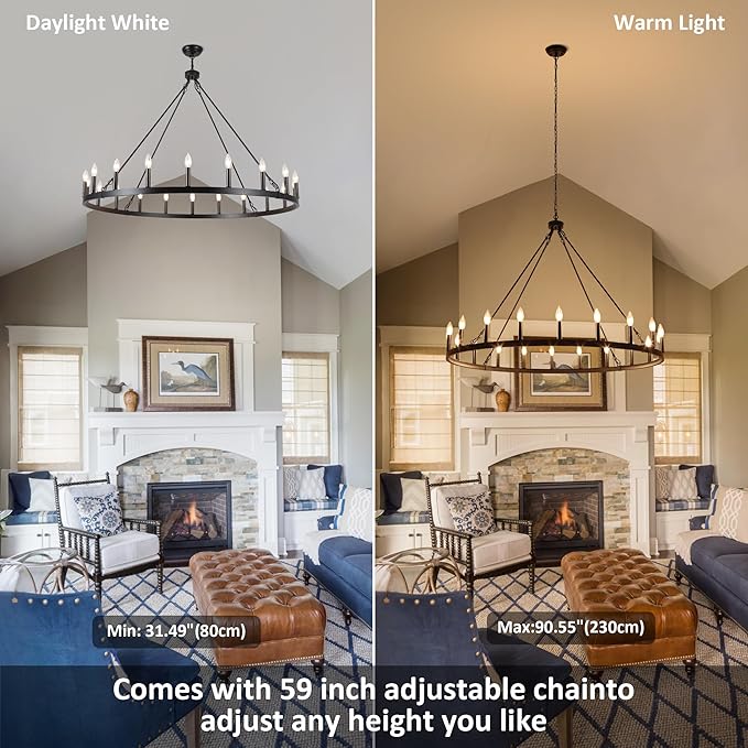 47.2 inches Black Wagon Wheel Chandelier- 20 Light Large Farmhouse Chandelier Industrial Rustic Dining Room Light Fixture Round High Ceiling Pendant Light for Living Room Entryway Foyer
