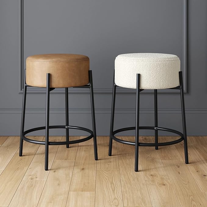 Nathan James Isaac 24" Modern Backless Bar Stool with Round Soft Padded Boucle Seat and Metal Mid-Century Base, Boucle White/Black, Set of 4