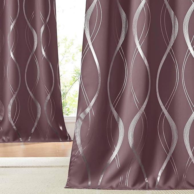 NICETOWN Dry Rose Blackout Curtain Panels 84 for Living Room and Bedroom 2 Panels, 52 x 84, Noise Reducing Thermal Insulated Wave Line Foil Print Design Window Treatments for Patio Sliding Glass Door