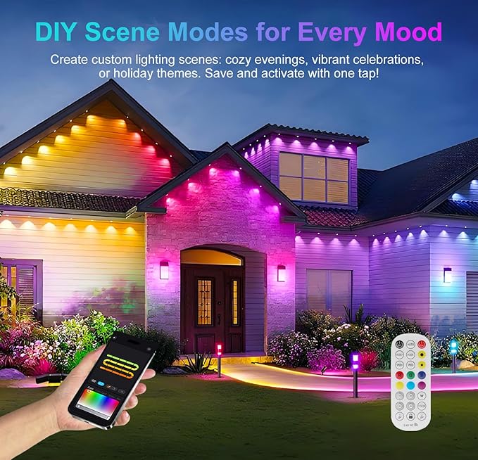 Aogled Permanent Outdoor Lights for House,100ft RGB+IC Smart Eave Lights with 60 LEDs,IP67 Waterproof,Remote/APP Control,DIY Scene Modes&Music Sync Lighting for Outdoor Christmas Decorations