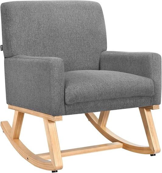 Giantex Upholstered Rocking Chair with Fabric Padded Seat and Solid Wood Base, Comfortable Rocker for Living Room, Bedroom, Study Room, Office Rocking Armchair (Gray)