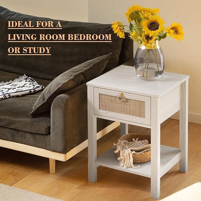 SICOTAS White Nightstand Set of 2,Rattan Decor Drawer with Brass Knobs Night Stand Bedside Table Boho End Tables Side Tables with Storage Shelf for Bedroom,Small Space