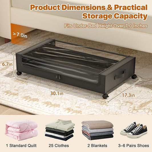 Under Bed Storage with Wheels,XXL 60L Under Bed Storage Containers with Clear Lids, Rolling Under Bed Metal Drawer for Clothes, Shoes,Toys (Black, 2 Pack)