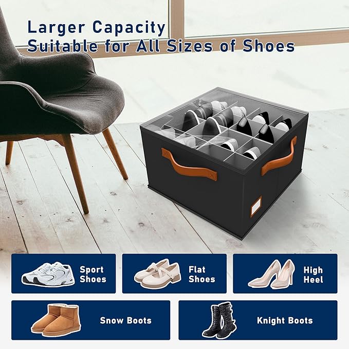 Shoe Organizer for Closet, Fabric Shoe Storage Bins with Clear Cover, Adjustable Dividers for Shoe Storage, Shoe Cube Organizer Fits up to 16 Pairs, Black 1-Pack