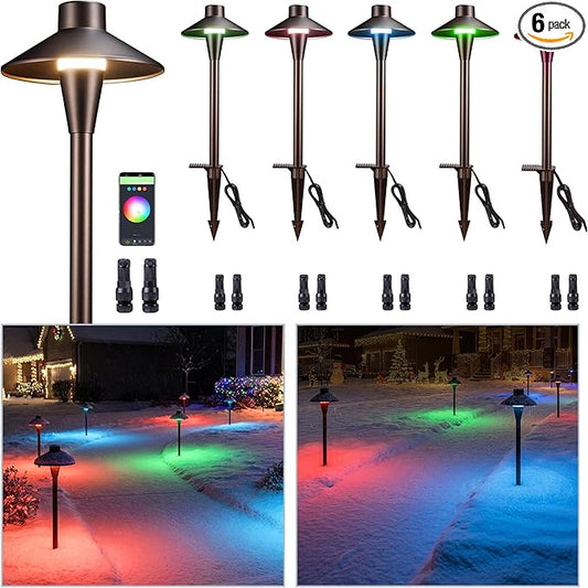 Chrisrmas Smart Outdoor Path Light RGBCW, 12V App Control Landscape Pathway Lights LED, Low Voltage Pathlight IP65 Waterproof Wired, Hat Aluminum ORB for Backyard Holiday Decor (6 Pack)