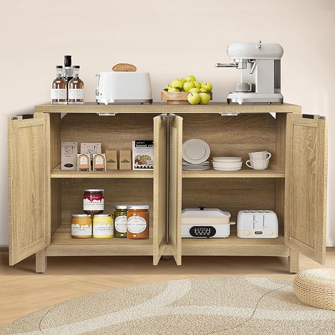 Rattan Sideboard Buffet Credenza Cabinet - Large Farmhouse Kitchen Coffee Bar Cabinet with 4 Rattan Door Storage for Entryway Living Room, 55" x 15" x 31.5" (Natural)