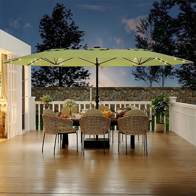 GarveeLife 15 FT Patio Umbrella with Base Included, Patio Table Umbrella with solar lights, 10 Sturdy Ribs UV Protection Waterproof for Garden, Pool, Deck, Backyard (Green)