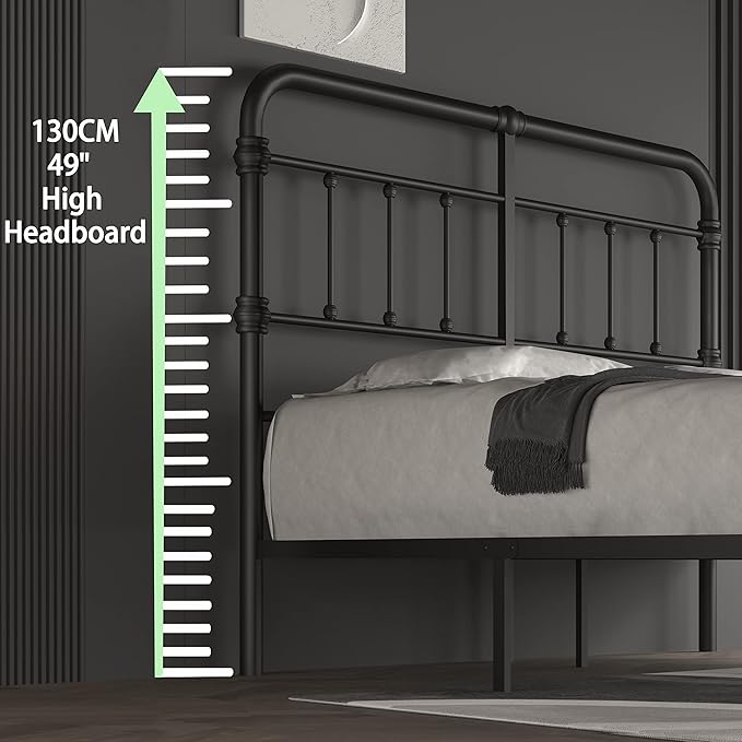 King-Bed-Frame-Metal-Platform Bed Frame with 49" High-Headboard - Solid Quite Easy Set Up Mattress Foundation No Box Spring Needed