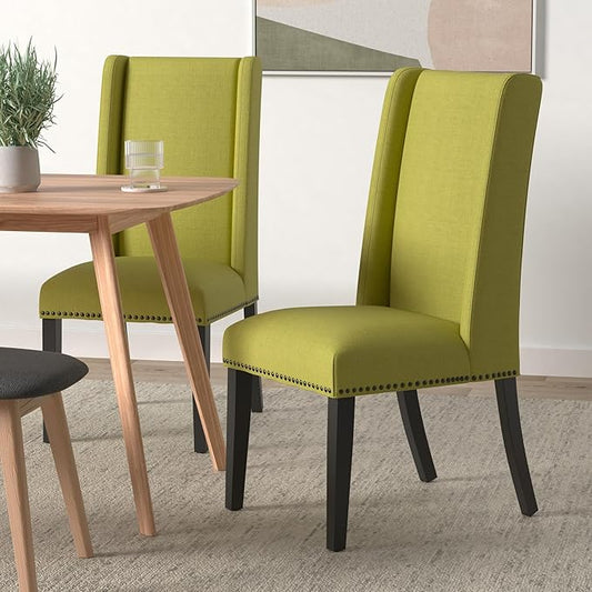 Modway Baron Modern Tall Back Wood Upholstered Fabric Parsons Two Kitchen and Dining Room Chairs with Nailhead Trim in Wheatgrass