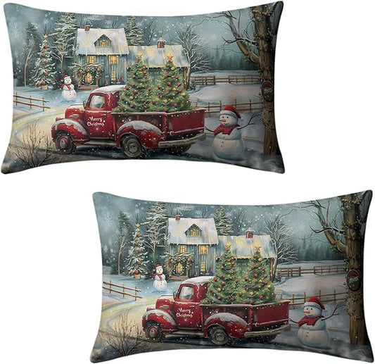 Christmas Lumbar Pillow Covers 12x20 Red Truck with Christmas Trees Snowman Rectangle Pillow Case Xmas Holiday Waist Cushion Case for Bedding Couch Patio Bench Set of 2