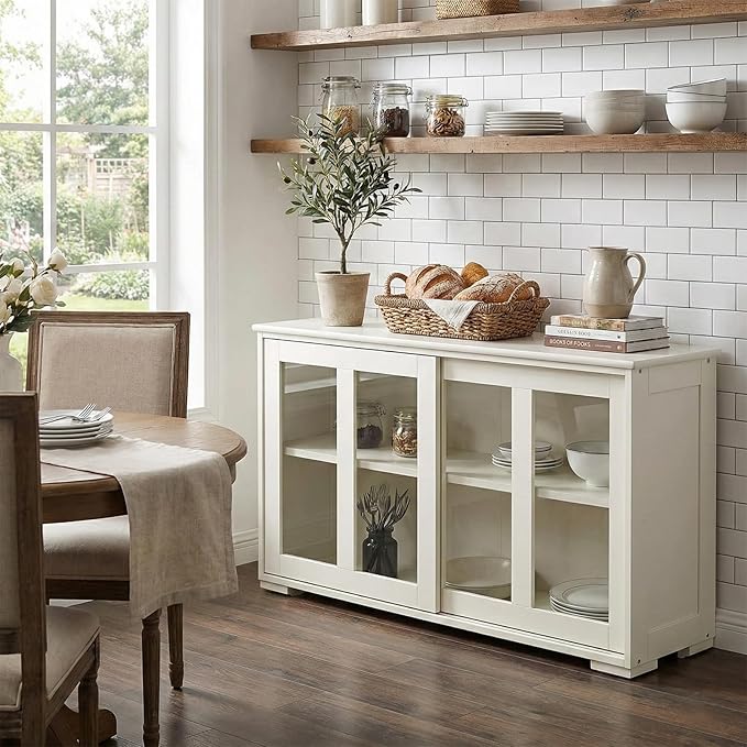 NAFORT Wooden Buffet Cabinet Sideboard with Sliding Doors, Kitchen Storage Console Table, Accent Coffee Bar with Adjustable Shelf for Living Room, Dining Room (White, 13" D x 42" W x 24.5" H)