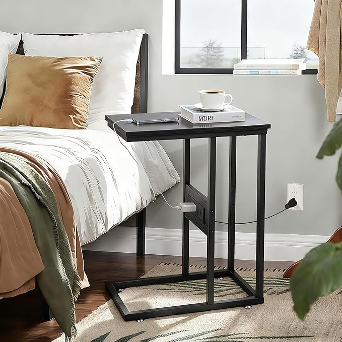 VECELO C-Shaped End Side Table with Charging Station & 2 USB Ports and Outlets for Living Room, Bedroom, with Adjustable Feet for Couch Sofa, Bedside, Small Spaces， Black