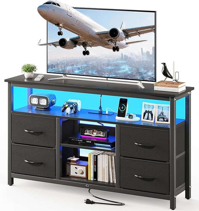 Haewon Black TV Stand with LED Lights and Power Outlets, Entertainment Center for 55 inch TV, Media Console Table with 4 Fabric Drawers and Open Shelf for Living Room, Wood Top and Metal Frame